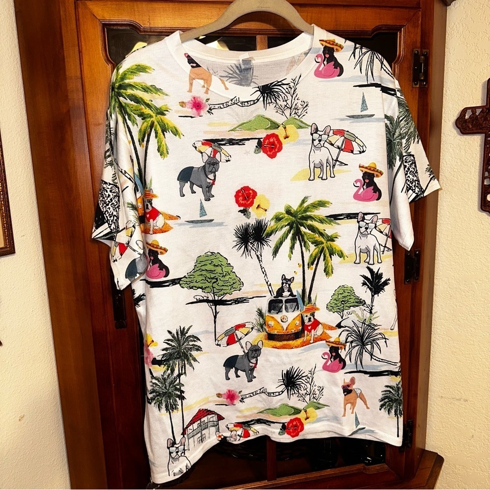 White Tropical Print English bulldog Jerzees T shirt M. Frenchie - Picture 2 of 5